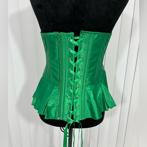 Bright Green Satin Peplum Style Bow Accented Strapless Lace Up Corset Top XL - Picture 6 of 11